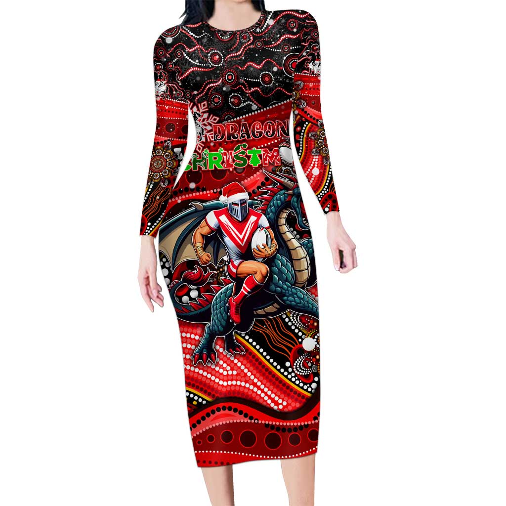 Merry Christmas Dragons Long Sleeve Bodycon Dress Aboriginal Santa Rugby Mascot - St George Illawarra