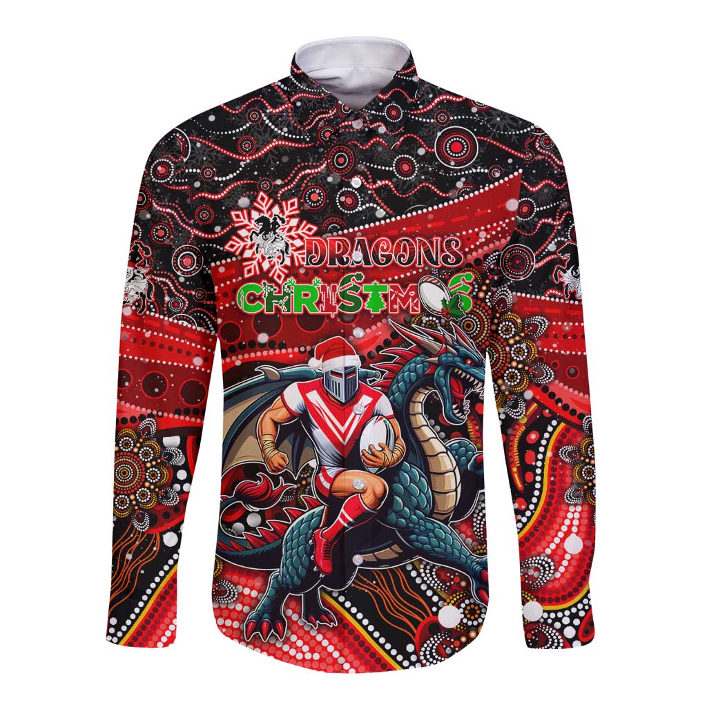 Merry Christmas Dragons Long Sleeve Button Shirt Aboriginal Santa Rugby Mascot - St George Illawarra
