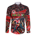 Merry Christmas Dragons Long Sleeve Button Shirt Aboriginal Santa Rugby Mascot - St George Illawarra