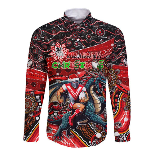 Merry Christmas Dragons Long Sleeve Button Shirt Aboriginal Santa Rugby Mascot - St George Illawarra