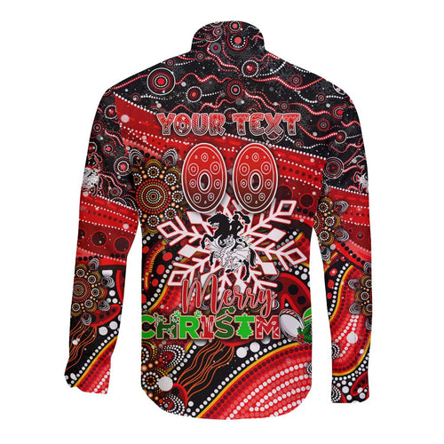 Merry Christmas Dragons Long Sleeve Button Shirt Aboriginal Santa Rugby Mascot - St George Illawarra