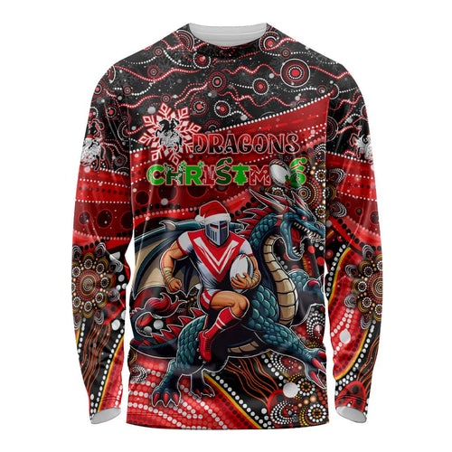 Merry Christmas Dragons Long Sleeve Shirt Aboriginal Santa Rugby Mascot - St George Illawarra