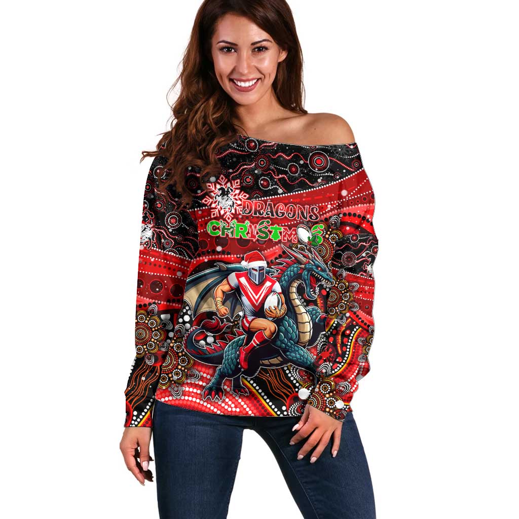Merry Christmas Dragons Off Shoulder Sweater Aboriginal Santa Rugby Mascot - St George Illawarra