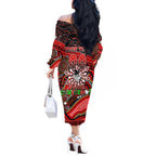 Merry Christmas Dragons Off The Shoulder Long Sleeve Dress Aboriginal Santa Rugby Mascot - St George Illawarra