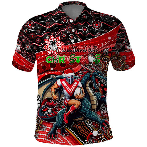 Merry Christmas Dragons Polo Shirt Aboriginal Santa Rugby Mascot - St George Illawarra
