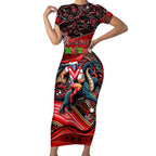 Merry Christmas Dragons Short Sleeve Bodycon Dress Aboriginal Santa Rugby Mascot - St George Illawarra