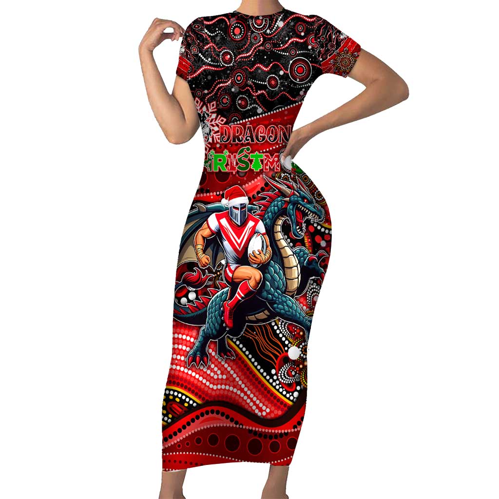 Merry Christmas Dragons Short Sleeve Bodycon Dress Aboriginal Santa Rugby Mascot - St George Illawarra