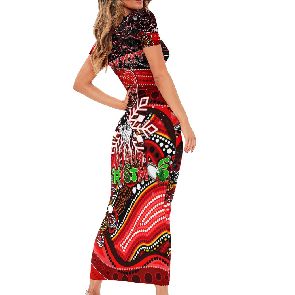 Merry Christmas Dragons Short Sleeve Bodycon Dress Aboriginal Santa Rugby Mascot - St George Illawarra