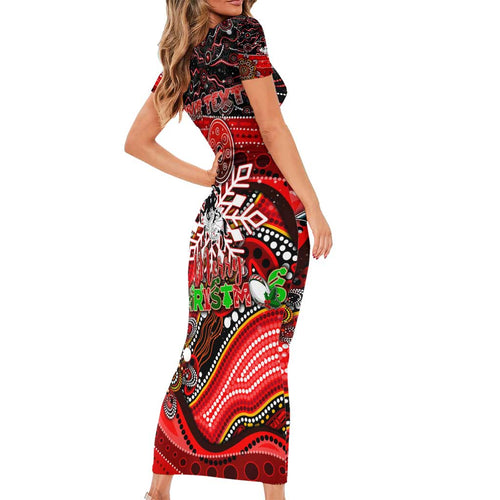 Merry Christmas Dragons Short Sleeve Bodycon Dress Aboriginal Santa Rugby Mascot - St George Illawarra