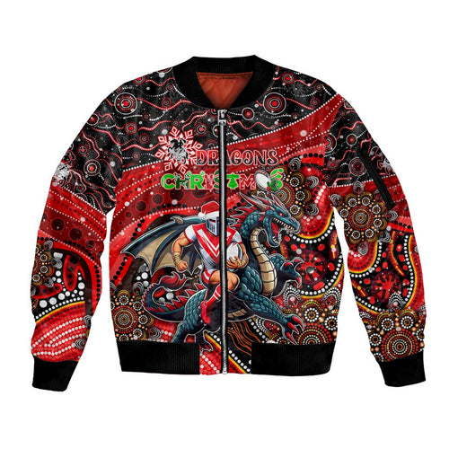 Merry Christmas Dragons Sleeve Zip Bomber Jacket Aboriginal Santa Rugby Mascot - St George Illawarra