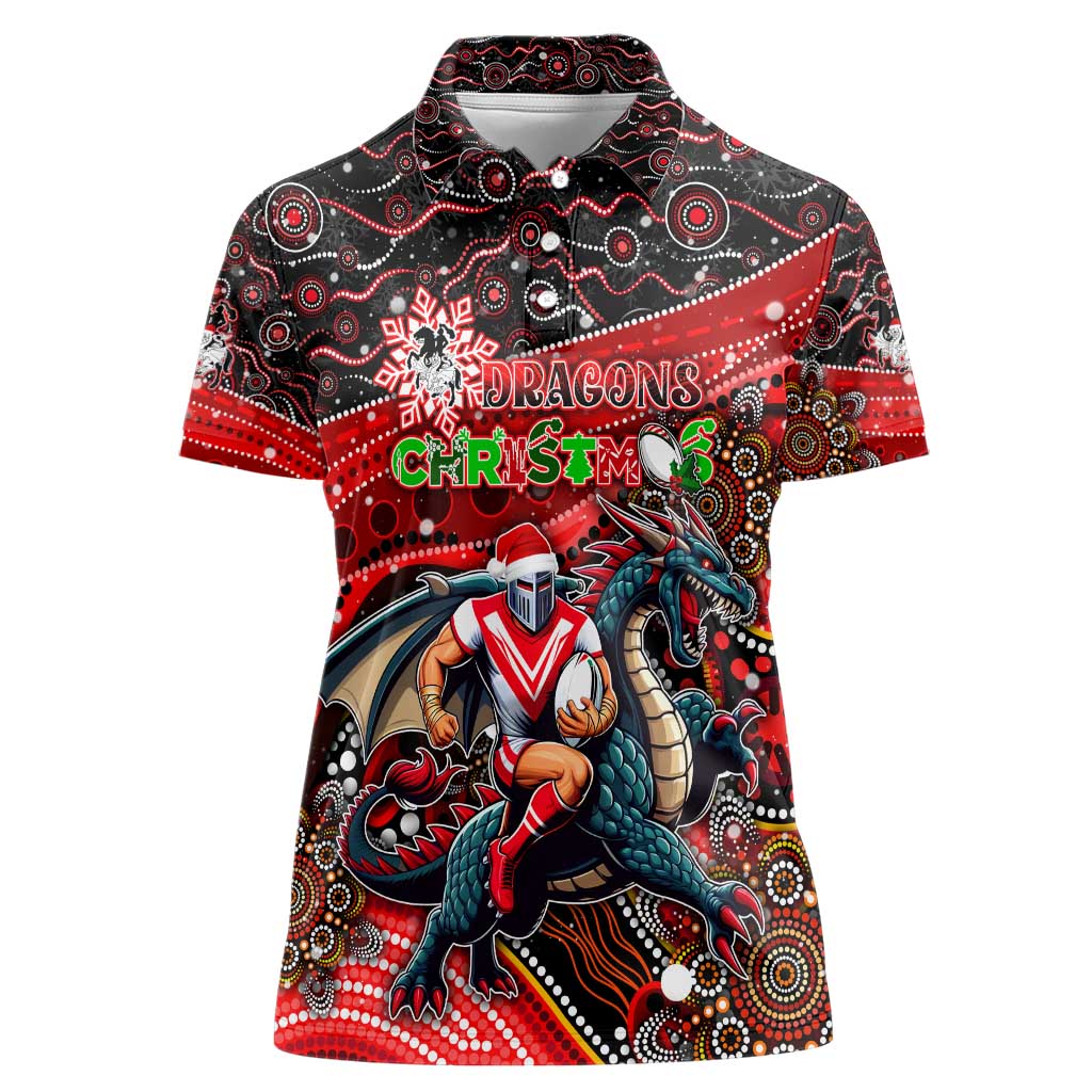 Merry Christmas Dragons Women Polo Shirt Aboriginal Santa Rugby Mascot - St George Illawarra
