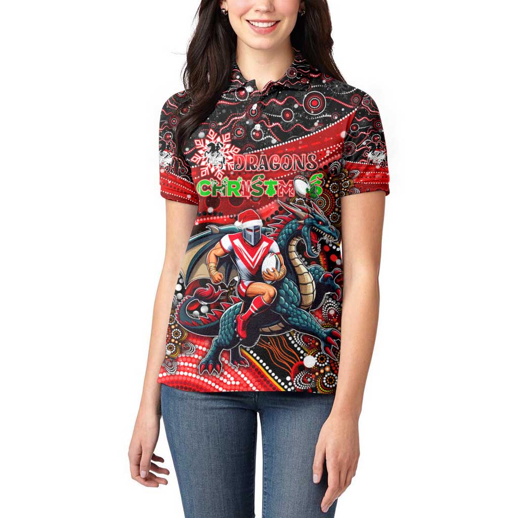 Merry Christmas Dragons Women Polo Shirt Aboriginal Santa Rugby Mascot - St George Illawarra
