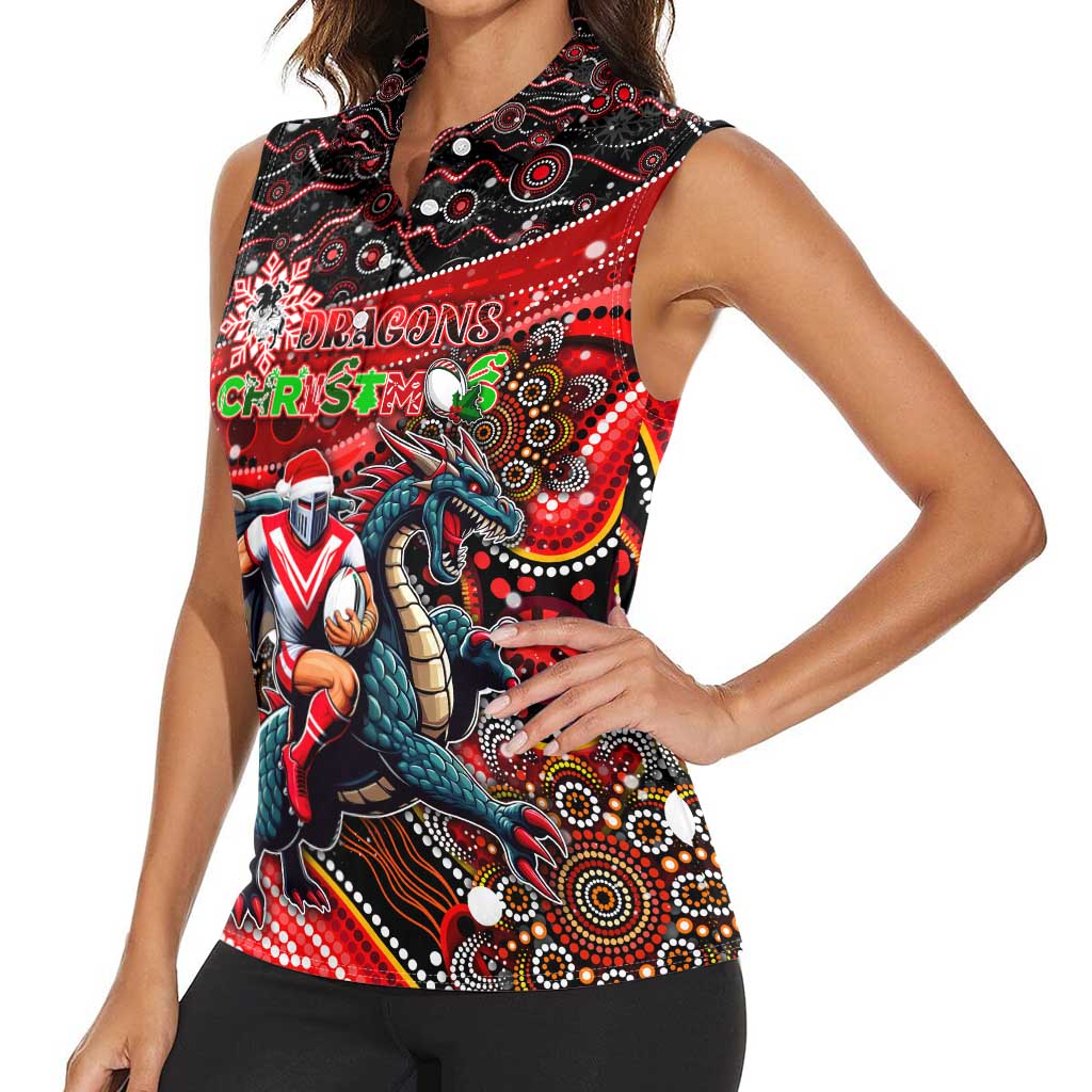 Merry Christmas Dragons Women Sleeveless Polo Shirt Aboriginal Santa Rugby Mascot - St George Illawarra