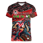 Merry Christmas Dragons Women V-Neck T-Shirt Aboriginal Santa Rugby Mascot - St George Illawarra