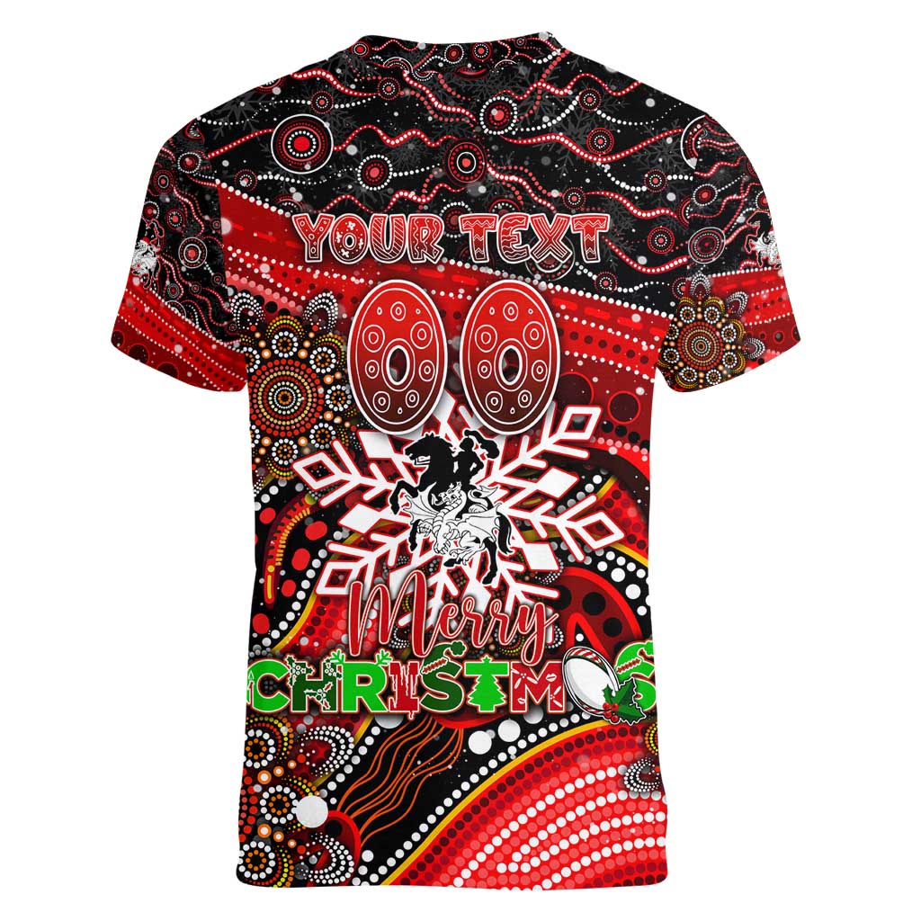 Merry Christmas Dragons Women V-Neck T-Shirt Aboriginal Santa Rugby Mascot - St George Illawarra
