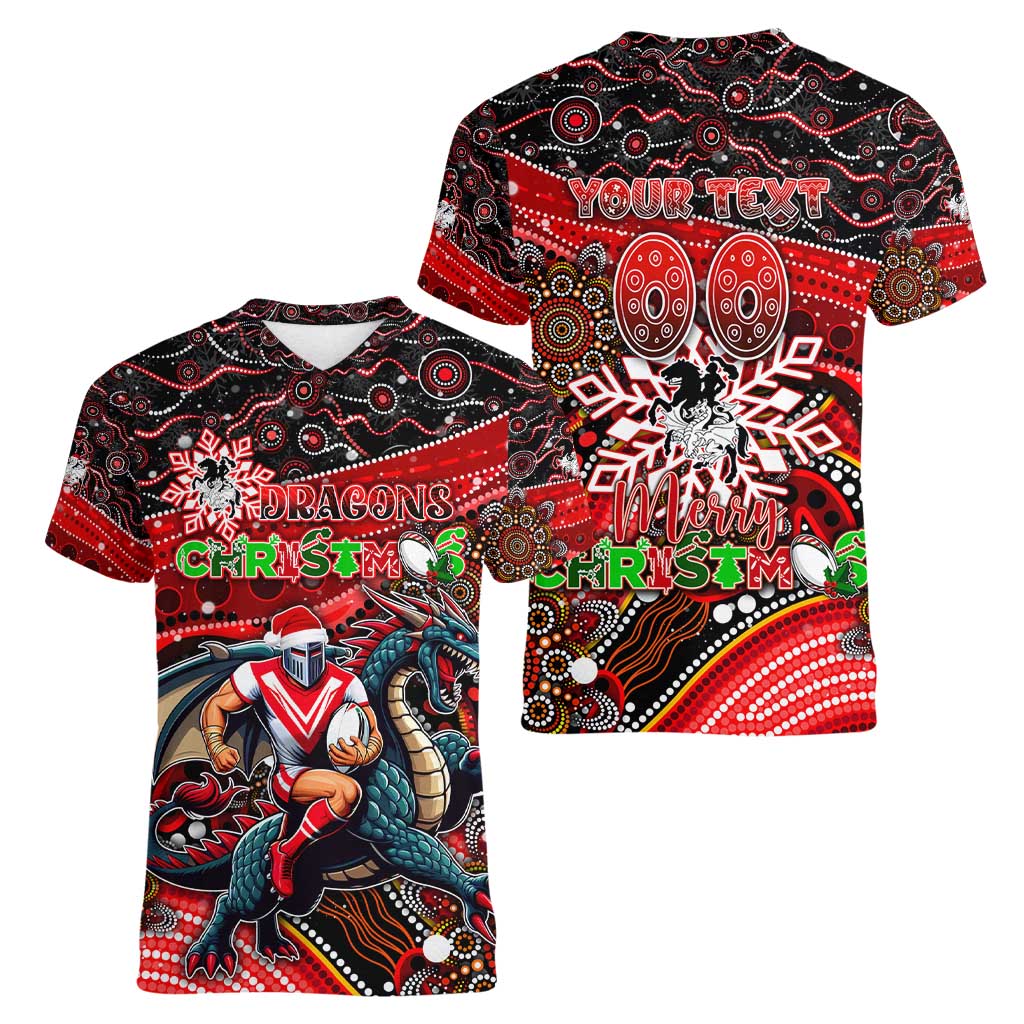 Merry Christmas Dragons Women V-Neck T-Shirt Aboriginal Santa Rugby Mascot - St George Illawarra