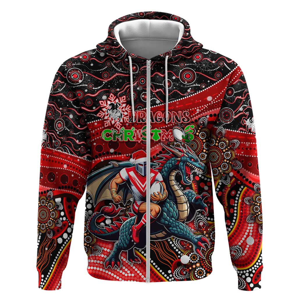 Merry Christmas Dragons Zip Hoodie Aboriginal Santa Rugby Mascot - St George Illawarra