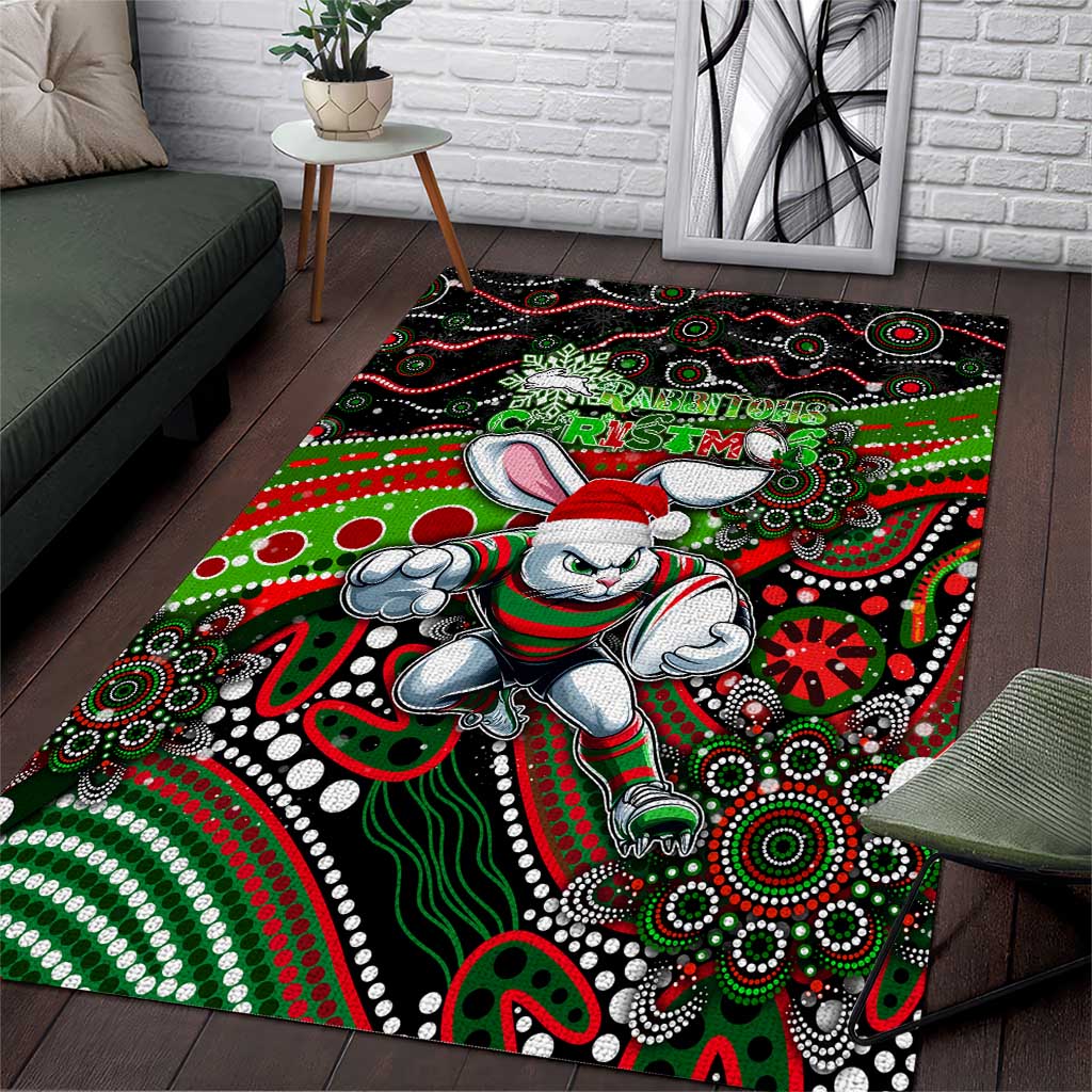 Merry Christmas Rabbitohs Area Rug Aboriginal Santa Rugby Mascot - South Sydney Bunnies