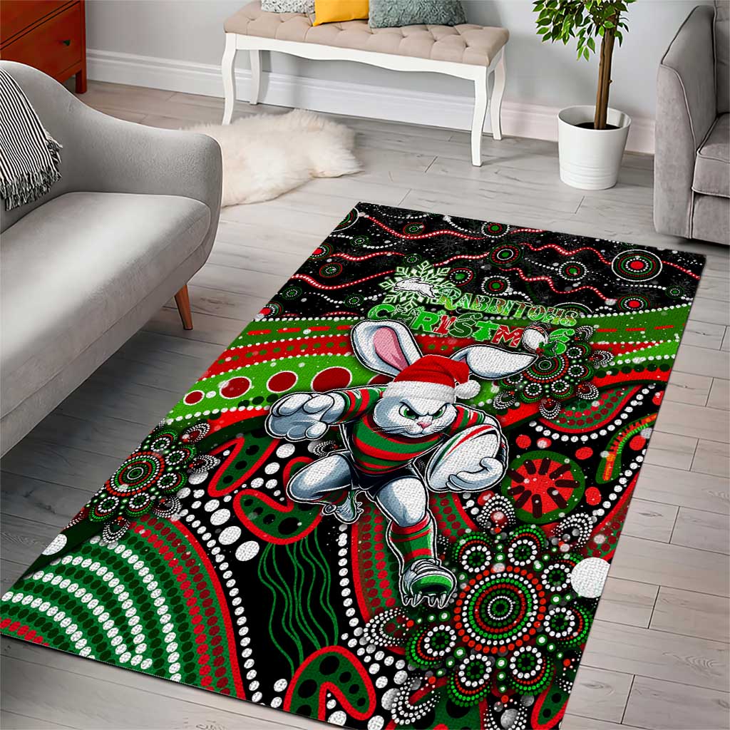 Merry Christmas Rabbitohs Area Rug Aboriginal Santa Rugby Mascot - South Sydney Bunnies