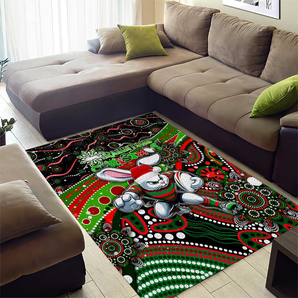 Merry Christmas Rabbitohs Area Rug Aboriginal Santa Rugby Mascot - South Sydney Bunnies