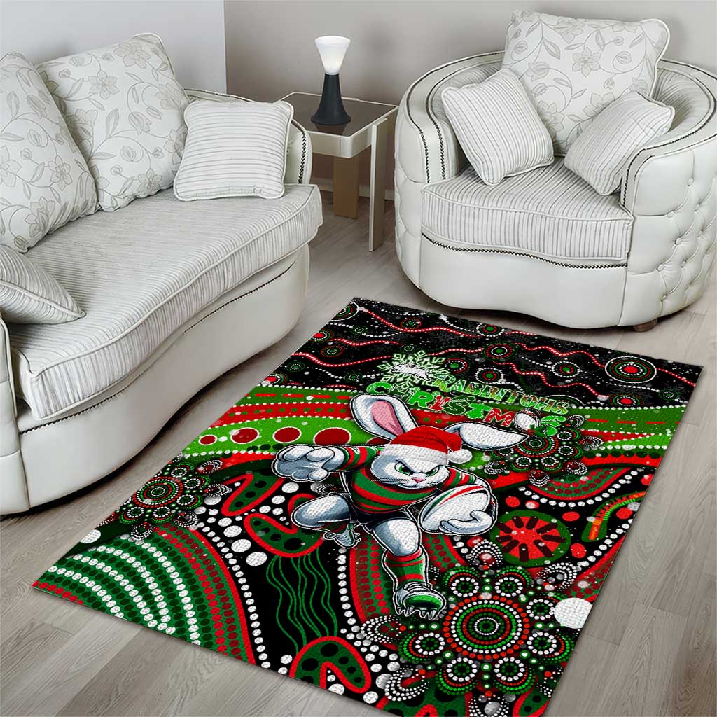 Merry Christmas Rabbitohs Area Rug Aboriginal Santa Rugby Mascot - South Sydney Bunnies