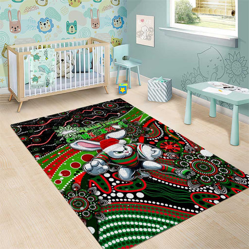 Merry Christmas Rabbitohs Area Rug Aboriginal Santa Rugby Mascot - South Sydney Bunnies