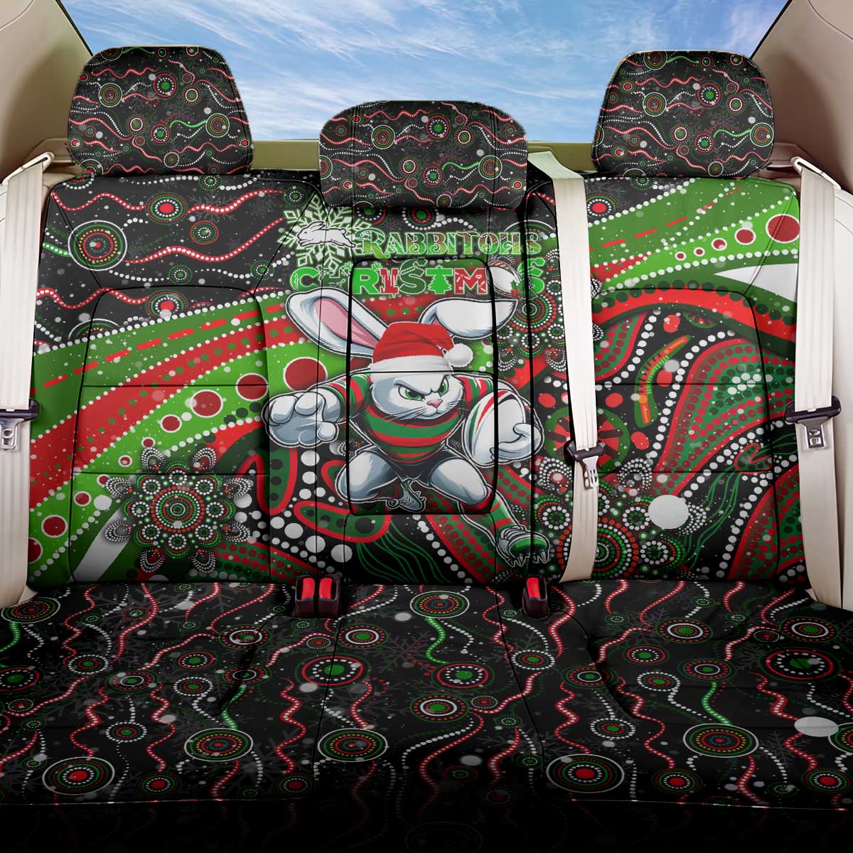Merry Christmas Rabbitohs Back Car Seat Cover Aboriginal Santa Rugby Mascot - South Sydney Bunnies