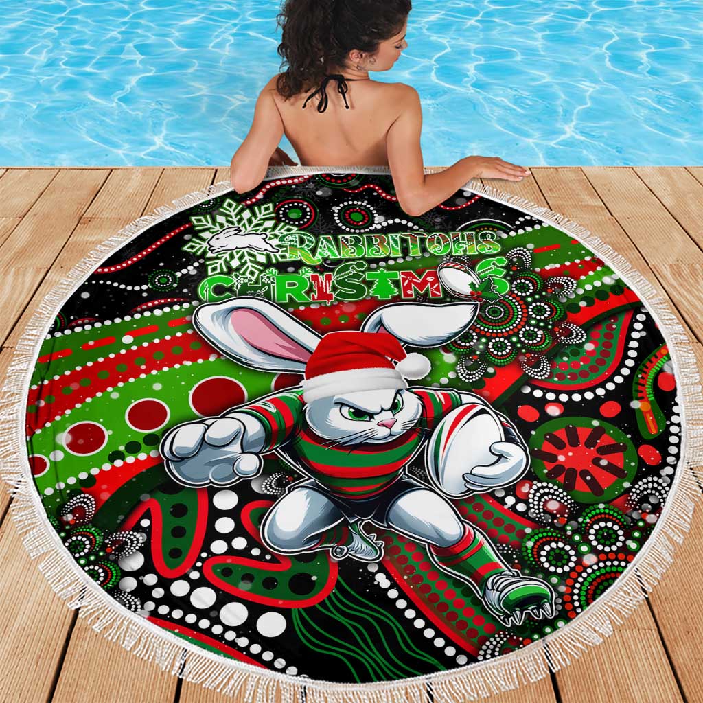 Merry Christmas Rabbitohs Beach Blanket Aboriginal Santa Rugby Mascot - South Sydney Bunnies