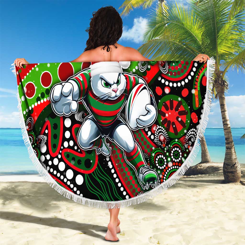 Merry Christmas Rabbitohs Beach Blanket Aboriginal Santa Rugby Mascot - South Sydney Bunnies