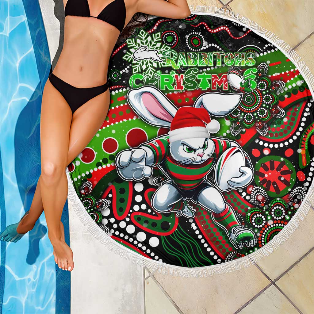 Merry Christmas Rabbitohs Beach Blanket Aboriginal Santa Rugby Mascot - South Sydney Bunnies