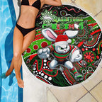 Merry Christmas Rabbitohs Beach Blanket Aboriginal Santa Rugby Mascot - South Sydney Bunnies