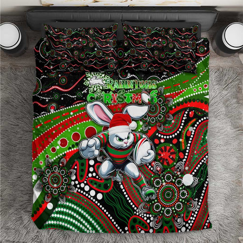 Merry Christmas Rabbitohs Bedding Set Aboriginal Santa Rugby Mascot - South Sydney Bunnies