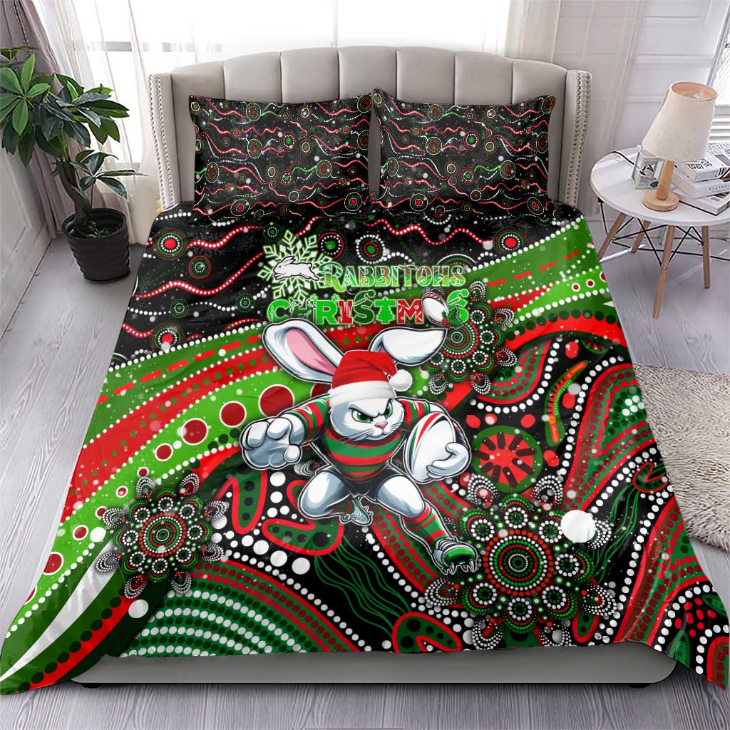 Merry Christmas Rabbitohs Bedding Set Aboriginal Santa Rugby Mascot - South Sydney Bunnies