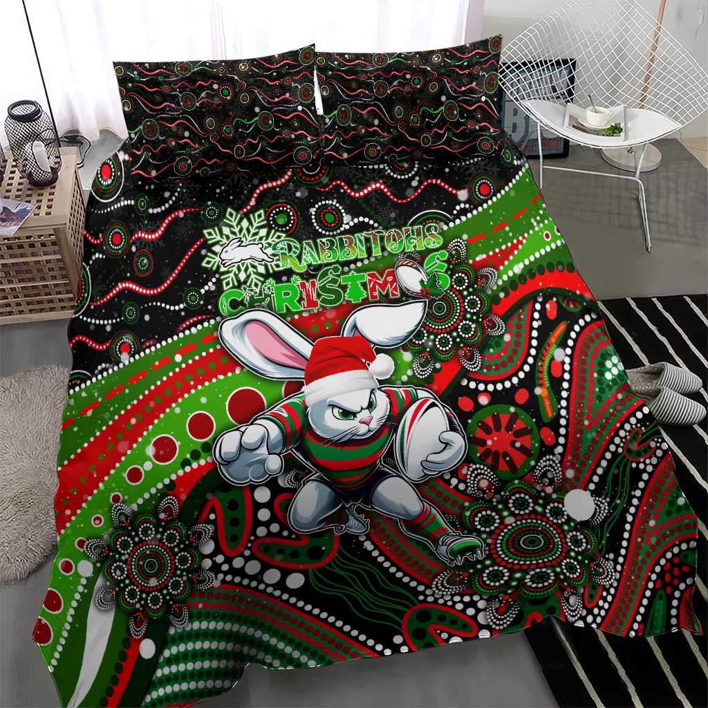Merry Christmas Rabbitohs Bedding Set Aboriginal Santa Rugby Mascot - South Sydney Bunnies