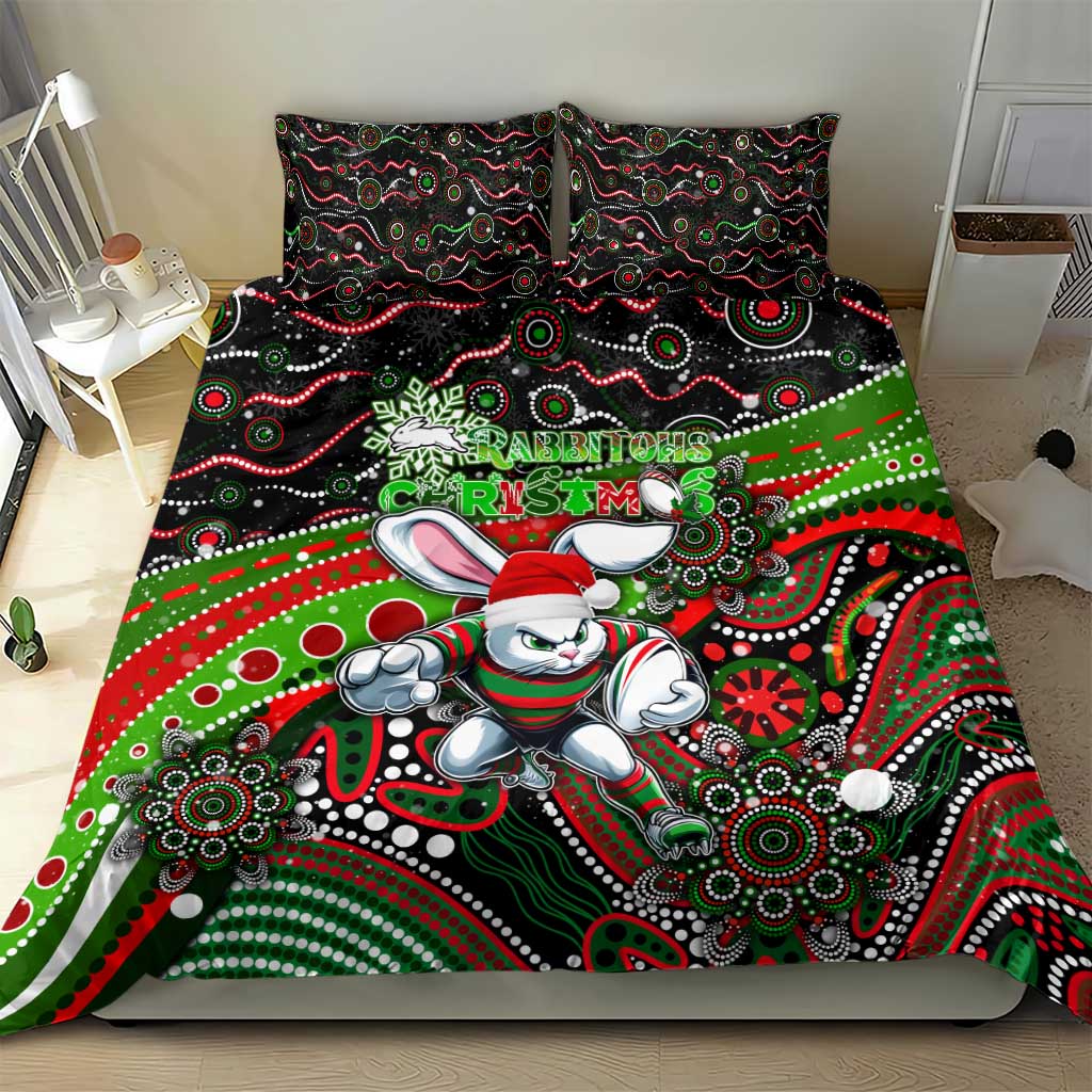 Merry Christmas Rabbitohs Bedding Set Aboriginal Santa Rugby Mascot - South Sydney Bunnies