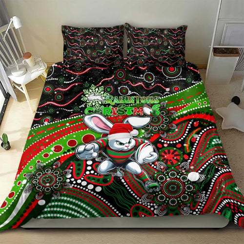 Merry Christmas Rabbitohs Bedding Set Aboriginal Santa Rugby Mascot - South Sydney Bunnies