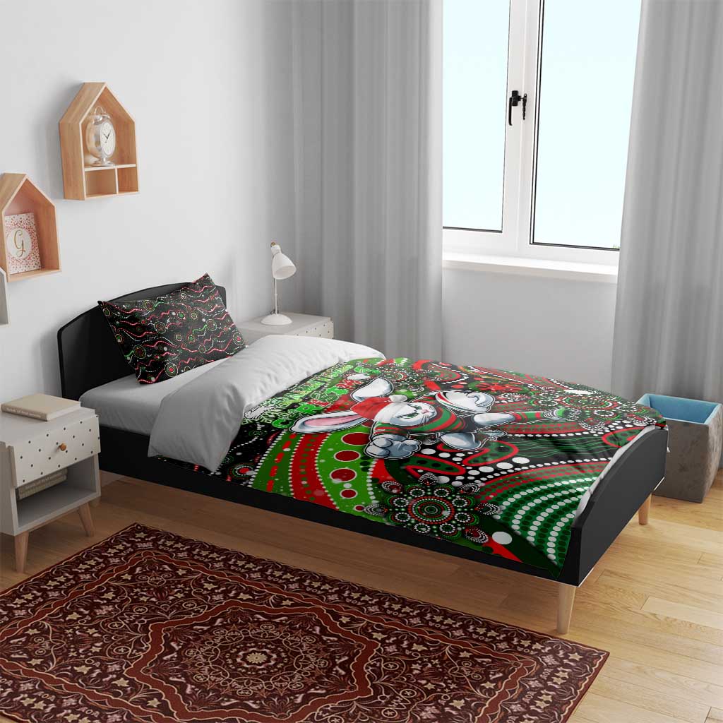 Merry Christmas Rabbitohs Bedding Set Aboriginal Santa Rugby Mascot - South Sydney Bunnies