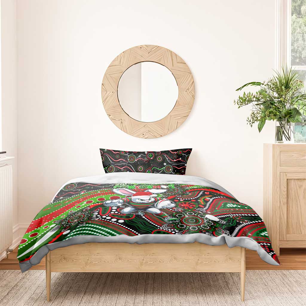 Merry Christmas Rabbitohs Bedding Set Aboriginal Santa Rugby Mascot - South Sydney Bunnies