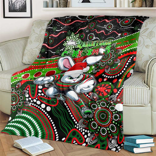 Merry Christmas Rabbitohs Blanket Aboriginal Santa Rugby Mascot - South Sydney Bunnies