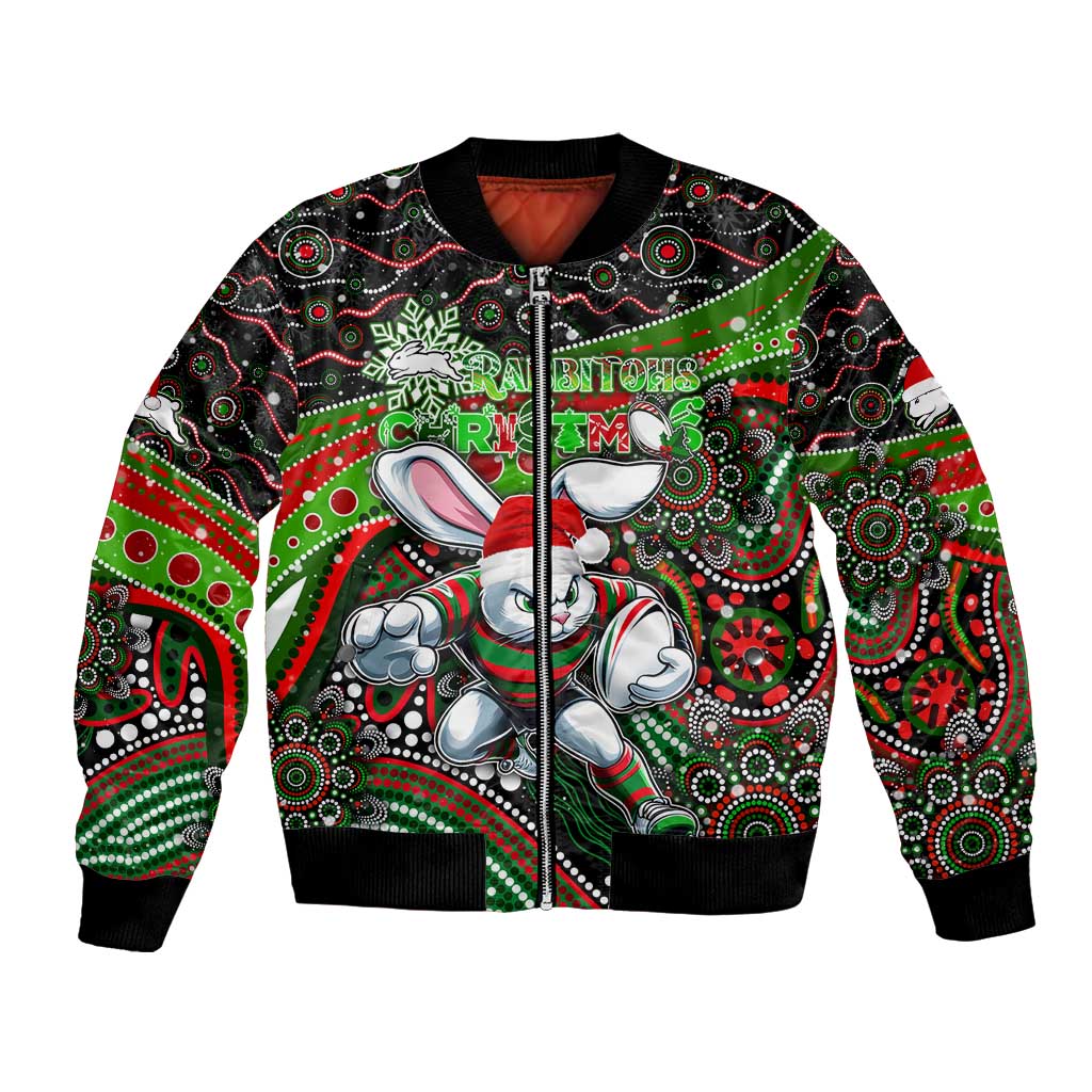 Merry Christmas Rabbitohs Bomber Jacket Aboriginal Santa Rugby Mascot - South Sydney Bunnies