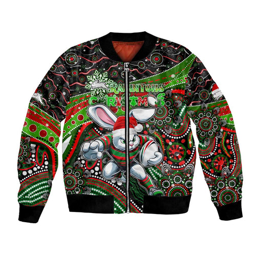 Merry Christmas Rabbitohs Bomber Jacket Aboriginal Santa Rugby Mascot - South Sydney Bunnies