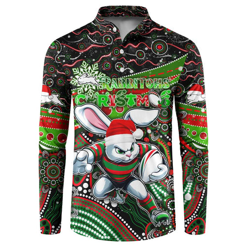 Merry Christmas Rabbitohs Button Sweatshirt Aboriginal Santa Rugby Mascot - South Sydney Bunnies