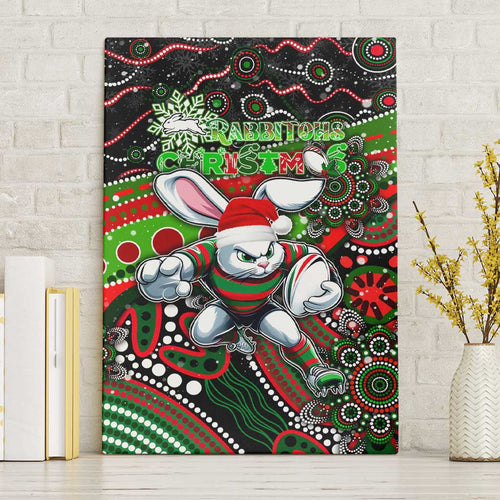 Merry Christmas Rabbitohs Canvas Wall Art Aboriginal Santa Rugby Mascot - South Sydney Bunnies