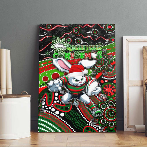 Merry Christmas Rabbitohs Canvas Wall Art Aboriginal Santa Rugby Mascot - South Sydney Bunnies