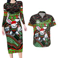 Merry Christmas Rabbitohs Couples Matching Long Sleeve Bodycon Dress and Hawaiian Shirt Aboriginal Santa Rugby Mascot - South Sydney Bunnies