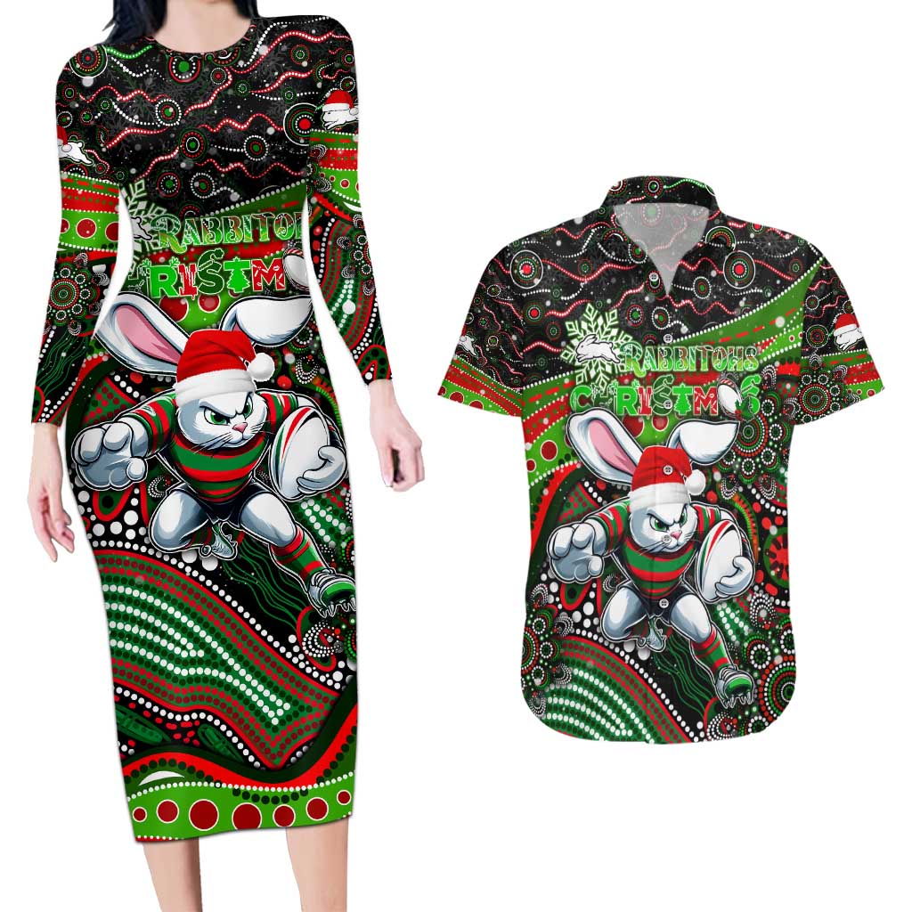 Merry Christmas Rabbitohs Couples Matching Long Sleeve Bodycon Dress and Hawaiian Shirt Aboriginal Santa Rugby Mascot - South Sydney Bunnies