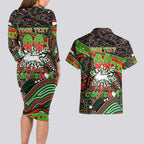 Merry Christmas Rabbitohs Couples Matching Long Sleeve Bodycon Dress and Hawaiian Shirt Aboriginal Santa Rugby Mascot - South Sydney Bunnies