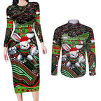 Merry Christmas Rabbitohs Couples Matching Long Sleeve Bodycon Dress and Long Sleeve Button Shirt Aboriginal Santa Rugby Mascot - South Sydney Bunnies