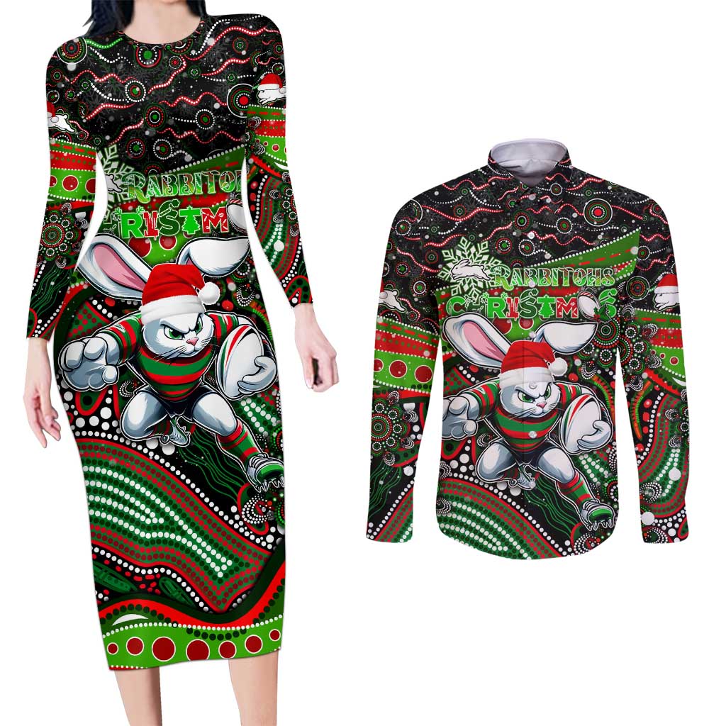 Merry Christmas Rabbitohs Couples Matching Long Sleeve Bodycon Dress and Long Sleeve Button Shirt Aboriginal Santa Rugby Mascot - South Sydney Bunnies