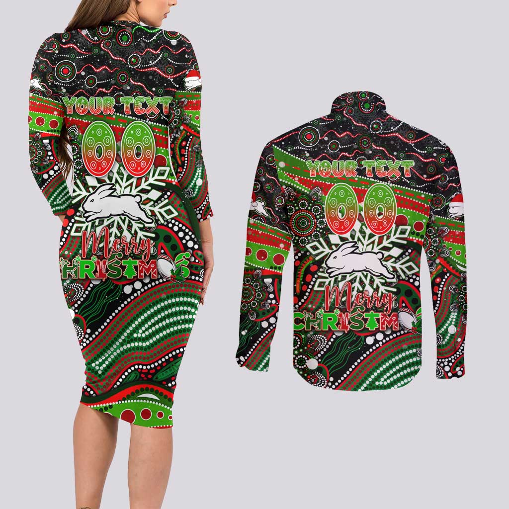 Merry Christmas Rabbitohs Couples Matching Long Sleeve Bodycon Dress and Long Sleeve Button Shirt Aboriginal Santa Rugby Mascot - South Sydney Bunnies